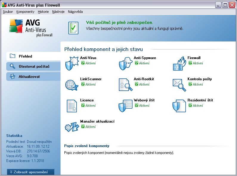 7. Uživatelské rozhraní AVG AVG 9 Anti Virus plus Firewall se otevře v tomto rozhraní: Hlavní okno je rozděleno do několika sekcí: Systémové menu (navigace Windows zobrazená zcela nahoře) je