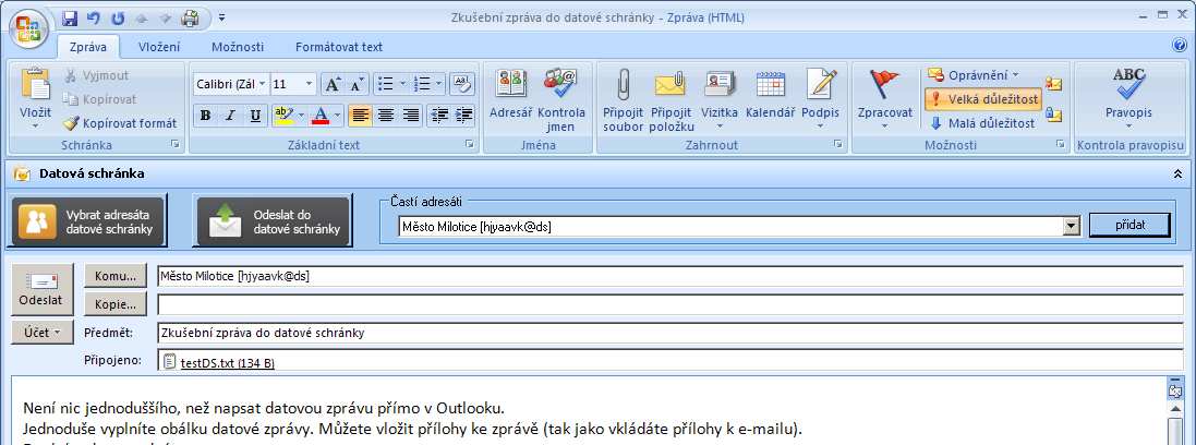 MS Outlook konektor do datové schránky