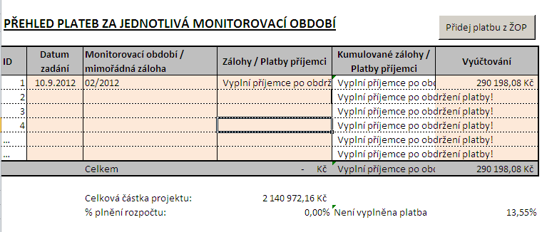 Přehled plateb Funkce je určena pro příjemce Soubor obsahuje i přehled všech plateb za projekt. Tento nástroj použije finanční manažer pro monitorování případného zádržného, či sumy vyplacených záloh.