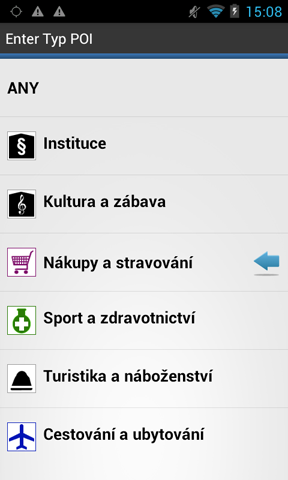 Práce s Navigátorem Nyní mužete vybrat typ POI, který hledáte, nebo můžete hledat ve všech