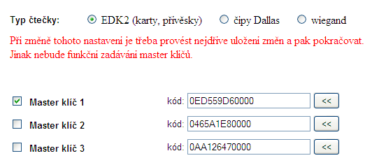 Master klíče je libovolné identifikační médium, pomocí kterého budete moci načítat další oprávněné klíče. Zadání master klíčů provedete na stránce Nastavení.