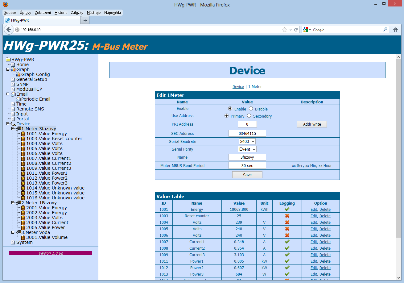 Aktivace a nastavení nalezených měřičů do systému HWG-PWR 1. V menu Device vyberte požadovaný měřič - zobrazí se Vám sekce Edit xmeter. 2.