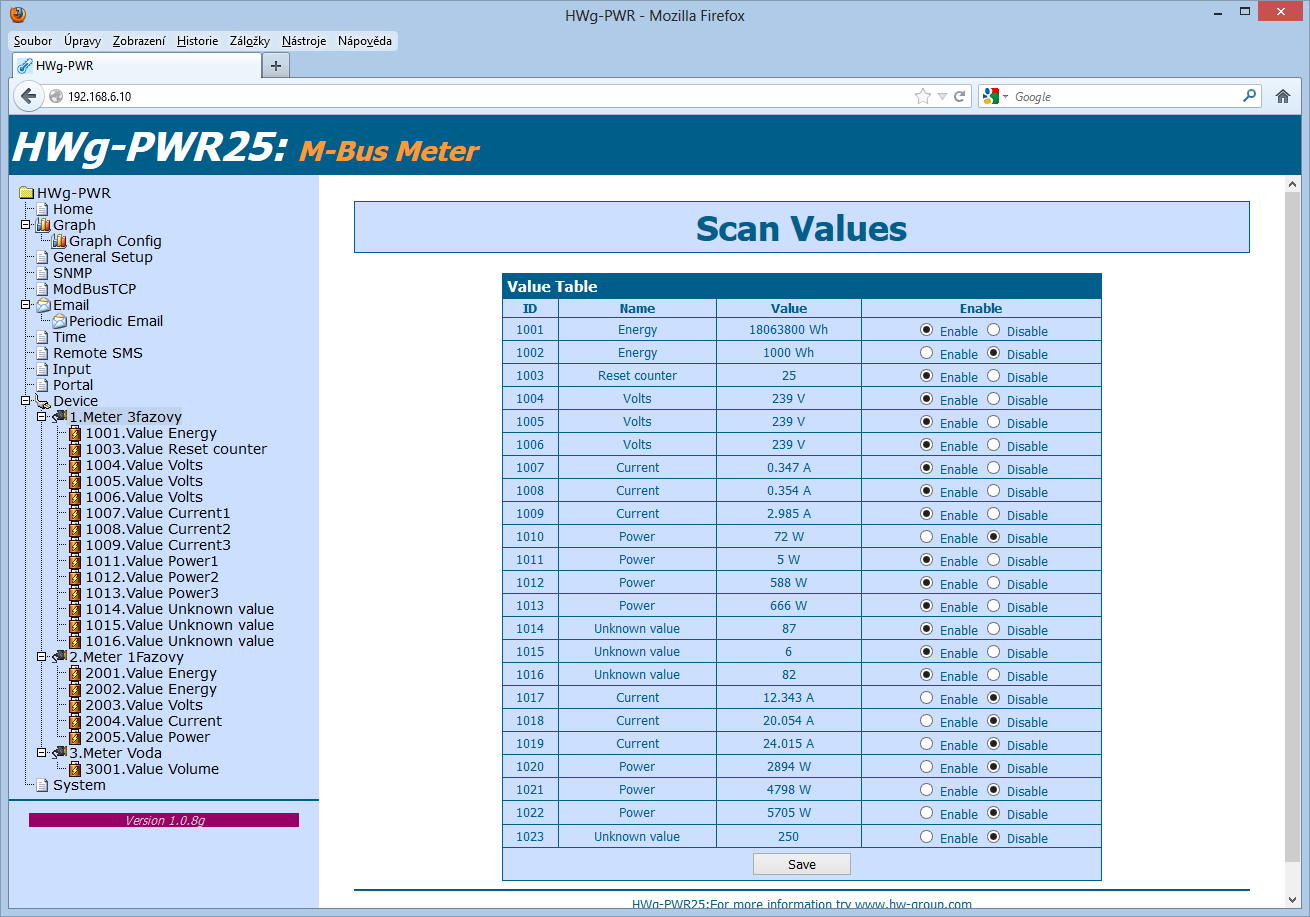 11. Změny uložte tlačítkem Save Důležité: Aby bylo možné provést vyhledání hodnot měřiče, musí být měřič povolen a hlavně uložen.
