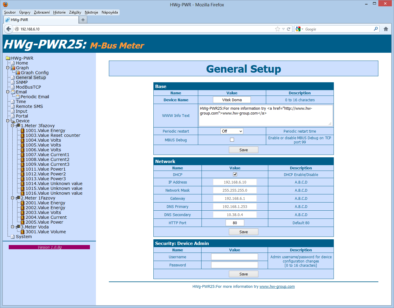 Záložka General Setup General Setup slouží pro nastavení základních provozních parametrů samotného HWG- PWR.