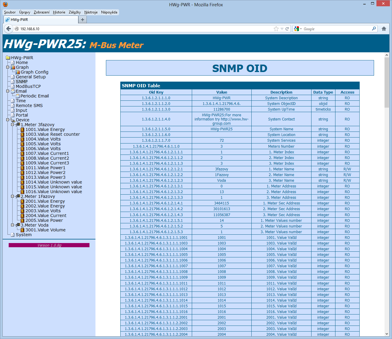 Show OID keys table Funkce vypíše celý strom proměnných s uvedením celého SNMP OID a vysvětlivkami o typu proměnné.