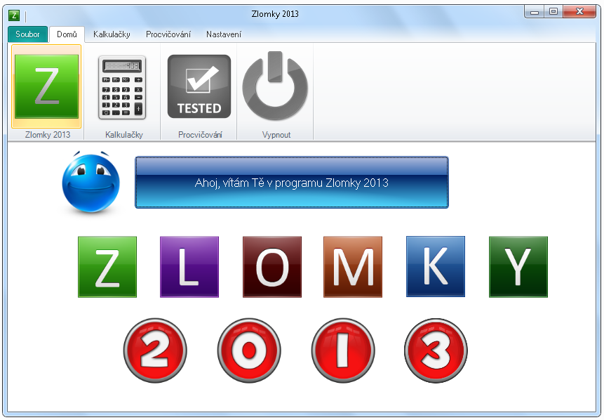 6.4 Základní popis výukového programu 6.4.1 Hlavní okno Po řádném přihlášení se zobrazí hlavní okno výukového programu Zlomky 2013 (Obrázek 6.8).