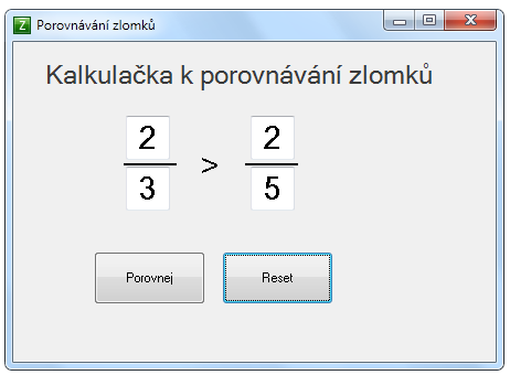 Obrázek 6.10: Násobení a dělení (kalkulačka) Porovnávání zlomků Po otevření okna s názvem Porovnávání zlomků (Obrázek 6.