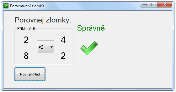 Násobení a dělení zlomků Po automatickém otevření okna Násobení a dělení zlomků (Obrázek 6.15) se náhodně vygenerují dva zlomky a operace násobení nebo dělení.