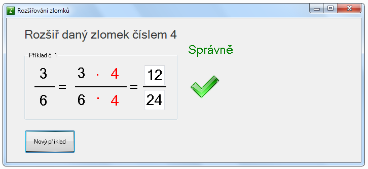 Obrázek 6.19: Krácení zlomků - 3. krok Rozšiřování zlomků Po otevření okna Rozšiřování zlomků (Obrázek 6.20) se náhodně vygeneruje zlomek a nenulové číslo, kterým je potřeba zlomek rozšířit.