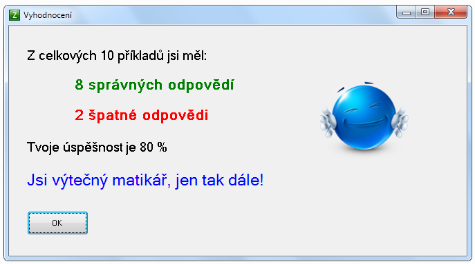 Obrázek 6.25: Obrazce Vyhodnocení Po vypočítání příkladů z vybrané procvičované oblasti se objeví komplexní vyhodnocení celé série. Objeví se okno Vyhodnocení (Obrázek 6.