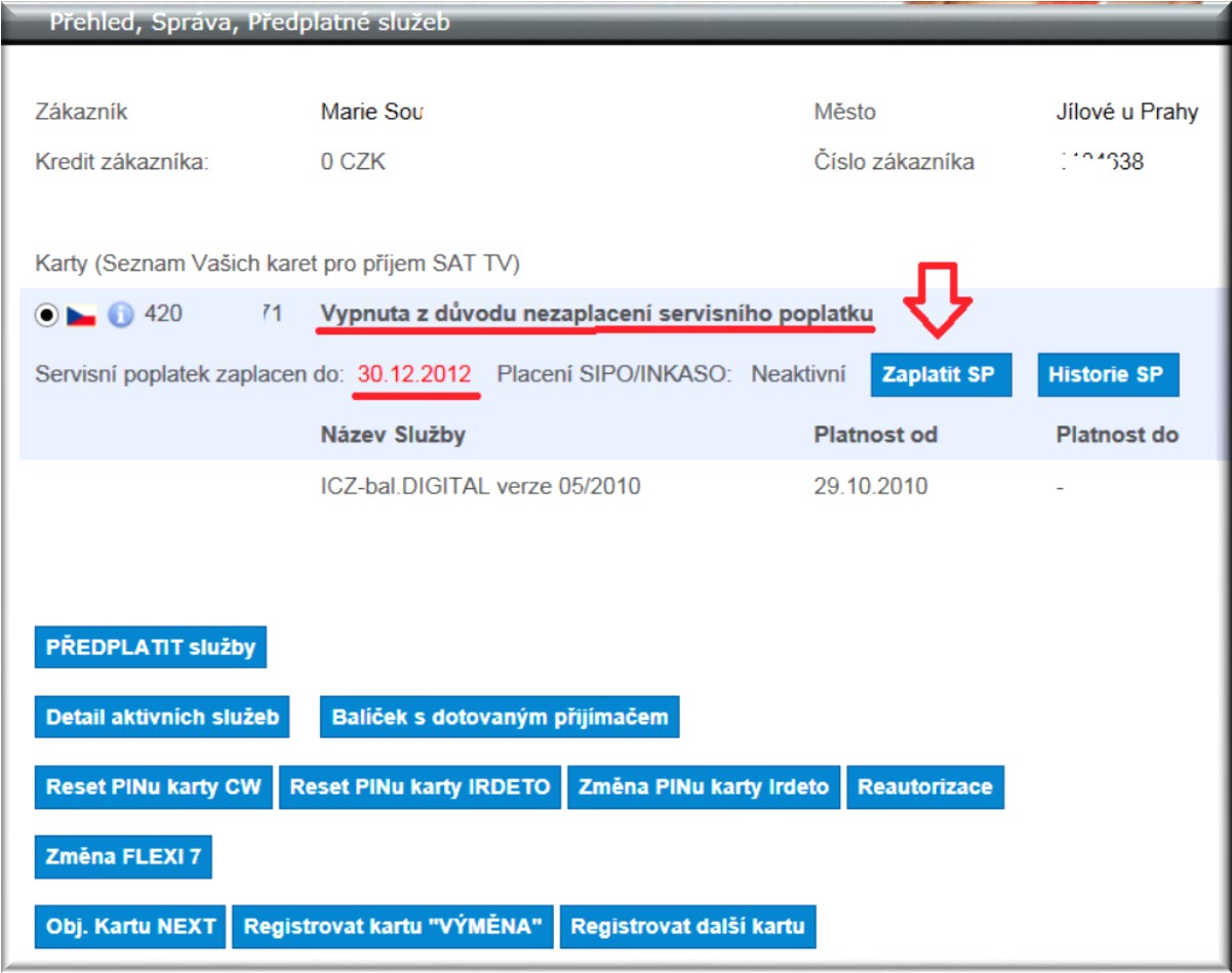 Servisní poplatek je možno uhradit použitím tlačítka Zaplatit SP.