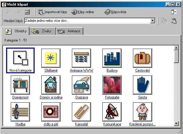Obr. 8: Vložit klipart Poklepáním levým tlačítkem myši vyberete nejprve oblast ze, které chcete klipart použít a potom si budete moci přímo ze seznamu vybrat klipart, který se Vám líbí.