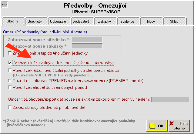 Vzdálené připojení 11 B) Zabezpečení Uživateli lze nastavit připojení tak, že při přihlášení na server se ihned spustí PREMIER, může se mu zakázat plocha, a po ukončení PREMIERu dojde k odhlášení ze