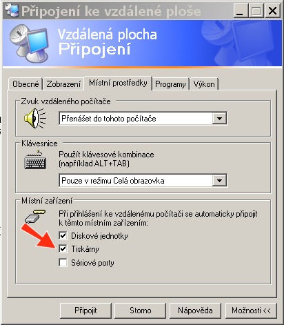 Vzdálené připojení 9 b) Místní prostředky. (Tiskárny, Diskové jednotky pouze v případě žádoucí komunikace s Vaším PC, např.