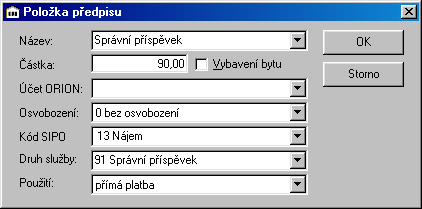 V položce předpisu se zadává název, který je zobrazován a vypisován na přehledových sestavách. Částky jsou zadávány vždy v Kč.