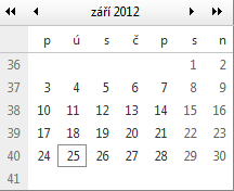 Kalendář: Pomocí komponenty kalendář lze zadat libovolné datum; datum lze vložit ručně bez použití kalendáře nebo s použitím kalendáře kliknutím na modrou
