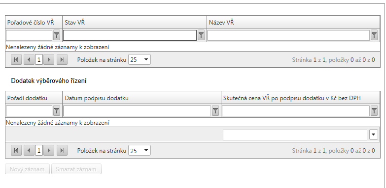 II. část Tabulka seznamu ukončených výběrových řízení se vyplní automaticky dle údajů na záložce Výběrová řízení, pokud na ní u ukončeného výběrového řízení zaškrtnete pole Byl podepsán dodatek s