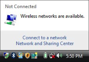 Windows Vista 1 Klikněte na ikonu Připojení v systémové oblasti panelu nástrojů v dolní části obrazovky. 2 Vyberte položku Jsou k dispozici bezdrátové sítě.
