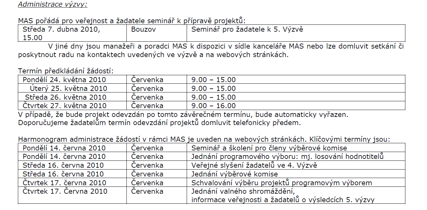 IV.1.1. Místní akční skupina a opatření IV.1.2. Realizace místní rozvojové strategie 5. výzvu pro žadatele k předkládání projektů. Termín vyhlášení výzvy: 15. března 2010 Termín příjmu žádostí: Od 24.