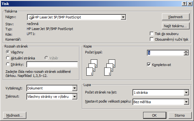 Tisk dokumentu Tiskový dialog se objeví, jakmile zadáme Ctrl + P. Nastavíme tiskárnu. Upravíme vlastnosti podle potřeby. Zadáme rozsah stránek, které potřebujeme.