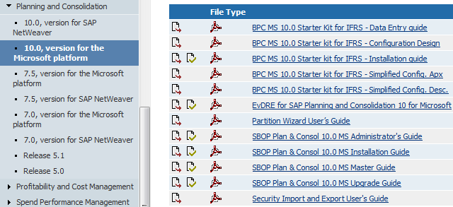 Po kliknutí na odkaz SAP Business Planning and Consolidation se dostaneme na stránky SAP Service Marketplace, kde po zvolení verze SAP BPC nalezneme všechny aktuálně dostupné manuály. Obrázek č.