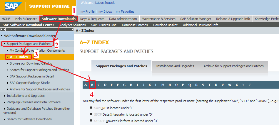 najdeme opět na SAP Support Portále v sekci Software downloads, poté v levém sloupci klikneme na Support Packages and Patches a dále máme zase na výběr z několika možností.