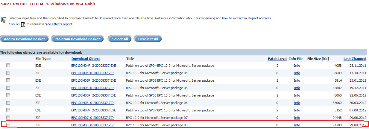 Obrázek č. 7 Postup nalezení SP a patch [service.sap.com] Obrázek č. 8 Výběr SP pro serverovou část SAP BPC [service.sap.com] Na obrázku č.