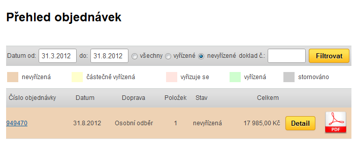 V poslední sekci Položky objednávky je možnost nastavení stavu ke každé položce objednávky a změny množství (počtu ks) v objednávce.