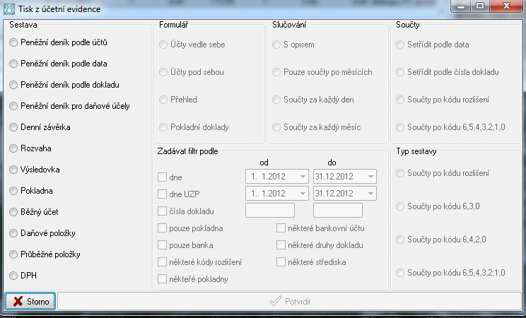 112 Každá sestava lze filtrovat. Filtry můžete zapínat podle data, podle data UZP, podle čísla dokladu, některé účty, některá střediska, některé druhy doklad, některé pokladny či banky. 2.