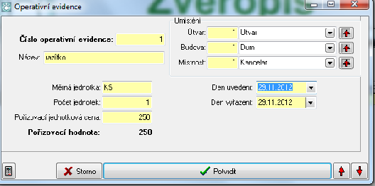 Majetek 14.3 145 Operativní evidence Evidence predepisujevyhláškao úcetnictví. Evidujeme tyto údaje: 1. Číslo operativní evidence - číselné označení každého záznamu 2. Název 2.