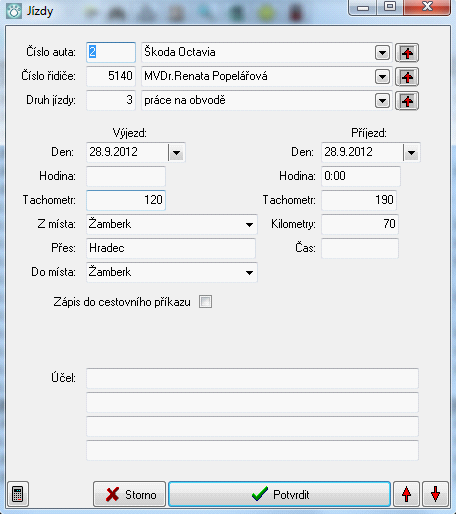 148 V knize jízd sledujete tyto údaje Číslo auta program sám bude číslo nabízet, můžete jej změnit, nebo můžete auto vybrat z roletky nebo můžete pomocí červené šipky vstoupit do číselníku aut a