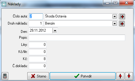 Auta 15.3 151 Náklady Program může náklady na auta. V tabulce sledujete jednotlivé náklad a rozdělujete je mezi auta a podle druhu. Evidujeme tyto údaje: 1.