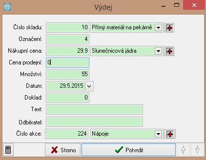 160 1. V nastavení programu máte vypnuto odepisování výdejek ze skladu nabídne program. Zmáčknete zelené plus a program nabídne formulář, kde postupně vyplníte tyto informace. Evidujeme tyto údaje: 1.