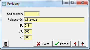 Nastavení programu 7.1.9 53 Pokladny Seznam pokladen. Evidujeme tyto údaje: 1. Kód pokladny - číselné označení pokladny. 2. Pojmenování - název pokladny. 3. SU - syntetický účet podle účetní osnovy 4.