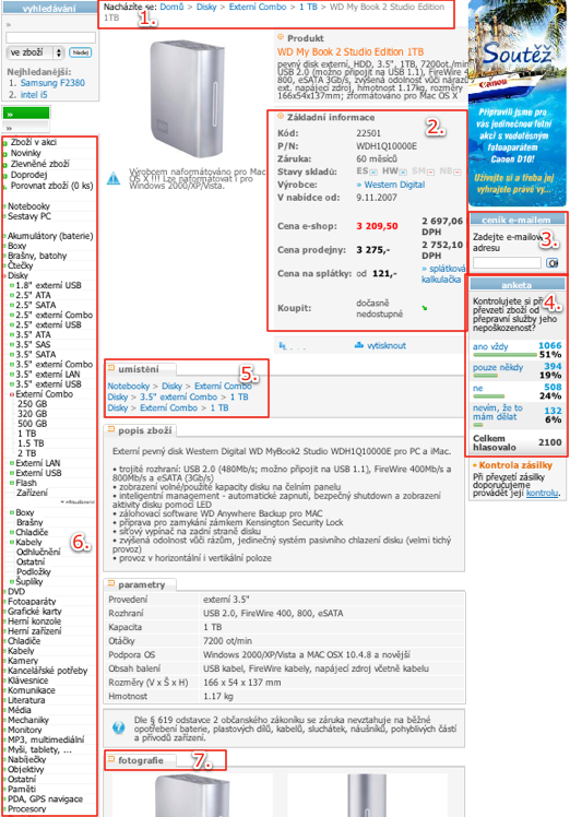 Následující obrázek ukazuje stránku produktu v reálném e-shopu. Bloky, kterých byste si měli všimnout, jsou červeně orámovány a očíslovány.