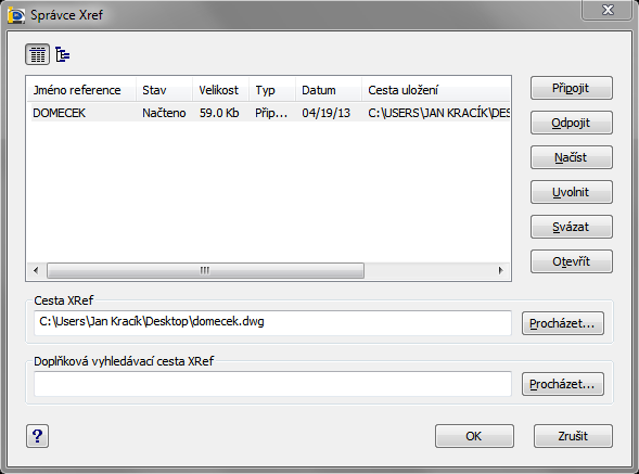119. Správce XRef Vložit Správce XRef... Vložit Reference _xref xrm umožní spravovat a vkládat externí reference v souborech s výkresy Jestliže se v příkazu č.