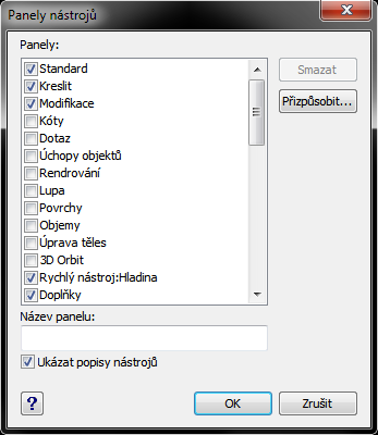 105. Panely nástrojů Zobrazit Panely nástrojů _tbconfig npkonfig zobrazí nebo skryje panely nástrojů O panelech nástrojů se hovořilo již v kapitole Chyba! Nenalezen zdroj odkazů.