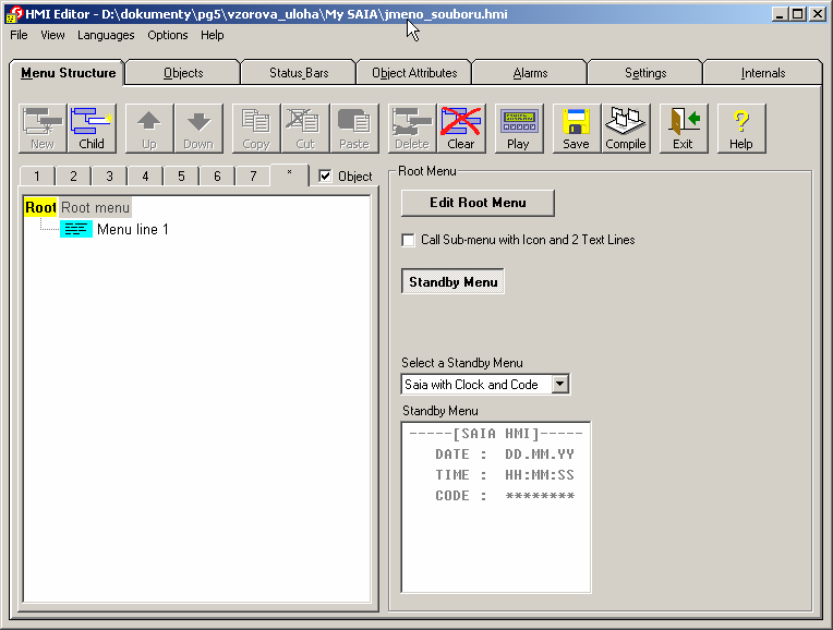 UTB ve Zlíně, Fakulta aplikované informatiky, 2007 45 Obrázek 27: Okno programu HMI Editor Menu Structure v této záložce se definuje hierarchická struktura menu, kořenového menu a u objektů se