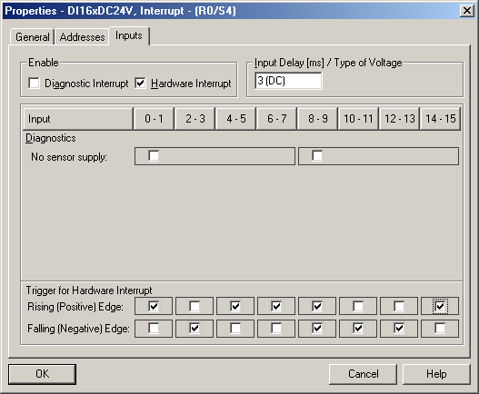 5. Programovatelné automaty Simatic S7 300, zpracování analogových veličin Nastavování hran signálu, které budou vyvolávat přerušení: Obr. 5.4: Nastavování spouštěcích hran signálu.