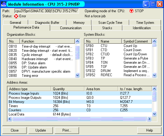 8. Testovací nástroje ve Step7 a B&R Automation Studiu Obr. 8.18: Doba cyklu. Zobrazení podporovaných funkcí, funkčních bloků a OB CPU Pomocí Performance Data se dá zobrazit přehled informací o CPU.