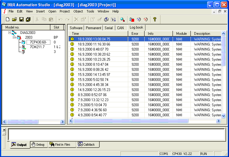 8. Testovací nástroje ve Step7 a B&R Automation Studiu 8.2.1 Log Book Všechny druhy chyb, které nastanou během běhu aplikace (chyby softwaru v programovatelném automatu, nedodrţení doby cyklu, apod.