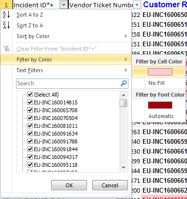 6. Klikneme na Incident ID od CSC a vybereme volbu Filter by color. Hotovo, konečně máme seznam ticketů k uzavření. 7.