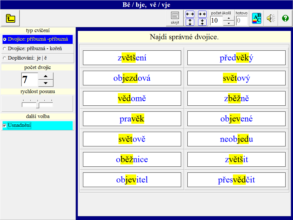 3.4. Skupiny bě/bje, vě/vje Chceme, aby se dítě postupně naučilo poznat slova, kde po předponě ob- nebo v- následuje kořen slova začínající souhláskou j. 1. Dvojice: příbuzná - příbuzná (viz obr.