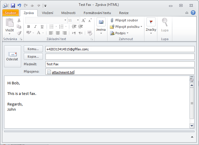 Snímek obrazovky 5: Odeslání faxu z aplikace Microsoft Outlook Důležitá poznámka: Při tomto způsobu jsou přílohy převáděny na serveru GFI FaxMaker Online.