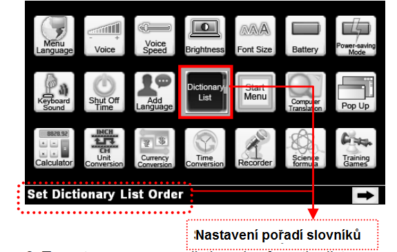 7.) Pro uložení změn stiskněte ENTER. 8.) Vyberte možnost YES, přístroj se restartuje. Pořadí slovníků v seznamu 1) Jděte do Nastavení: 2.