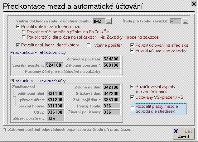 MZDY A PERSONALISTIKA 5-5 Tlačítko Předkontace slouží k nastavení základních pravidel pro účtování a rozúčtování mezd. Doporučené nastavení viz. obr.