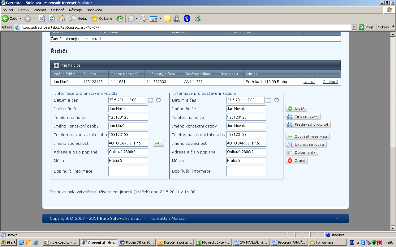 4. Smlouvy a ukončení smlouvy Po stisknutí tlačítka Vytvořit smlouvu z uložené rezervace se všechny údaje automaticky překopírují do smlouvy: Ve smlouvě je možné jakýkoliv údaj upravit.