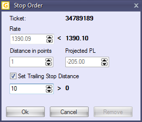 Stop/Limit bude zobrazen v okně Orders window v kolonce S (stop order). Rovněž bude zobrazen v okně Open Positions v kolonce Stop nebo Limit.