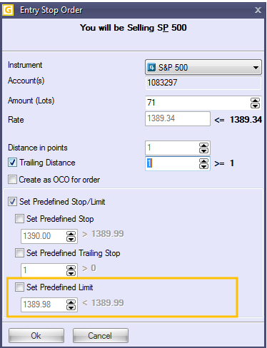 Predefined Stop/Limit (přednastavený Stop/Limit) Tato funkce umožňuje přednastavit příkaz stop/limit při vytváření nástupního příkazu.