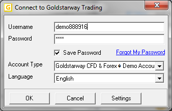 I. PRO RYCHLÝ START Přihlášení Abyste se přihlásili do Godlstarway Trading, zadejte své uživatelské jméno, heslo, typ účtu, jazyk a klikněte na OK.